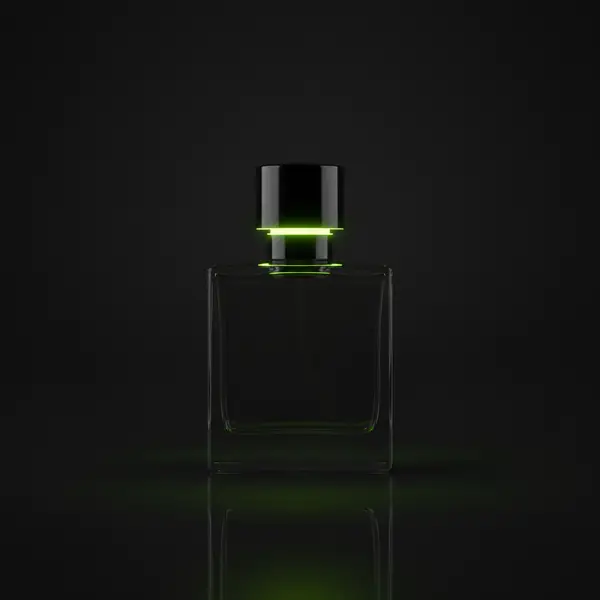 Generated product shot of a perfume bottle with lime rim light